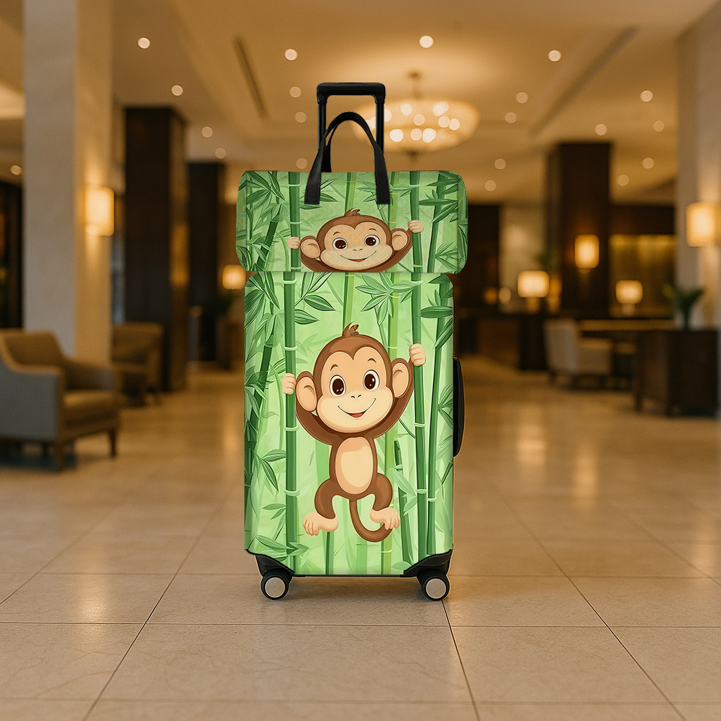 Green Bamboo & Brown Monkey Climbing Suitcase Set, Travel Bag & Luggage Protector