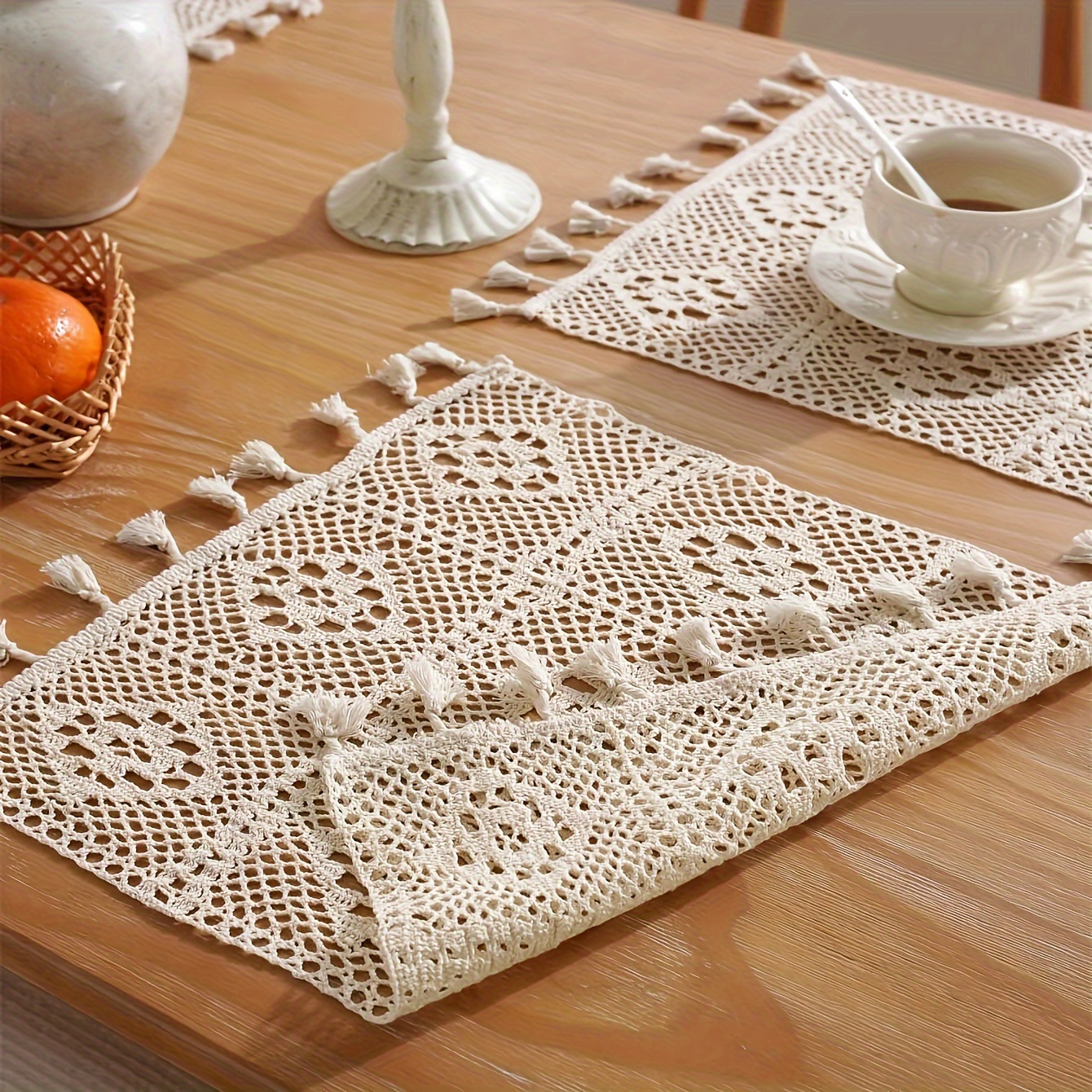 

-chic Handmade Crochet Placemat With Tassels - Square Lace Table Mat For Dining, Kitchen & Wedding Decor, , Polyester, 1pc