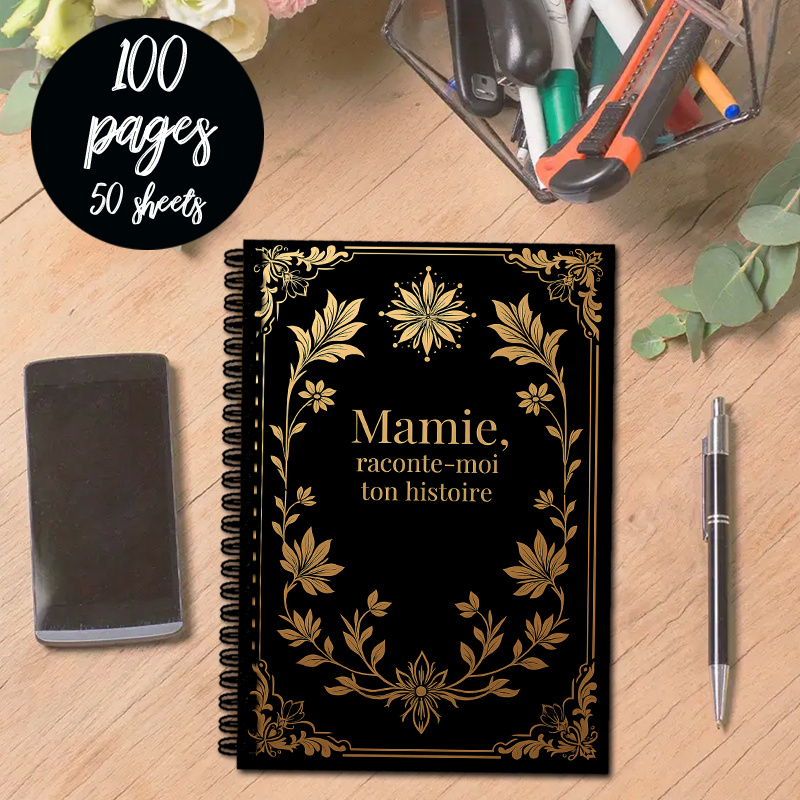 TEMU 1 Carnet d' , Design avec Doré "Mamie, -Moi Ton Histoire" et Bordure Florale sur Fond Noir, Utilisé pour Orale, les Familiales, l'Enregistrement