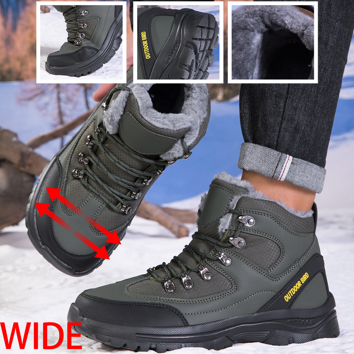 Image of Men's Wide Toe -tone Spliced Plush Lined Snow Hiking Boots, Breathable Windproof Grid Fabric, Thick Rugged Shock Absorbing Sole, Metal Light Warm Footwear For Daily , Forest Camping, Short