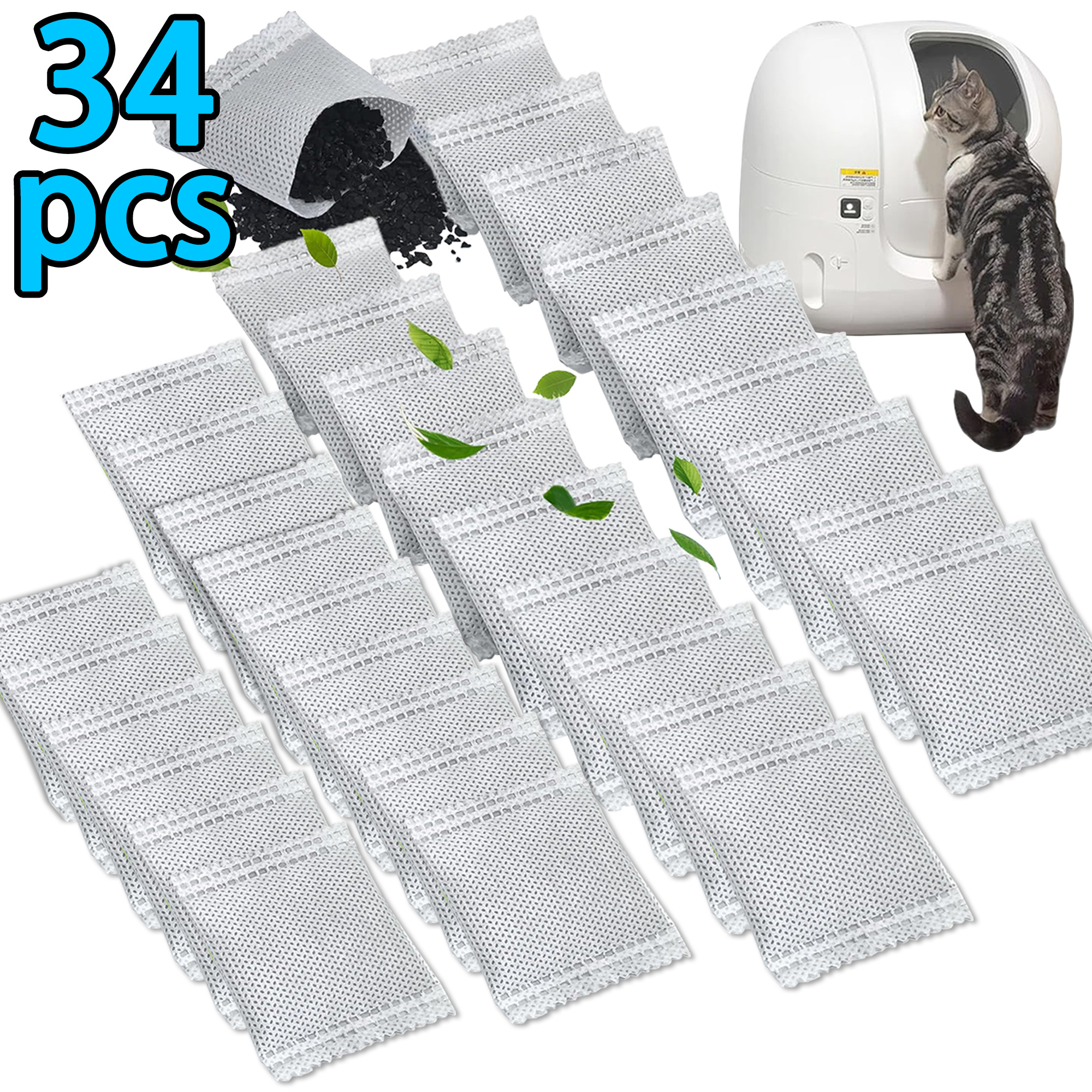 Image of 34pcs Of Natural Activated Carbon Deodorizing Bags For Cat Litter Boxes, Replacement Parts For Controlling Odors In Cat Toilets, Suitable For Automatic Cat Litter Boxes To Unpleasant Smells