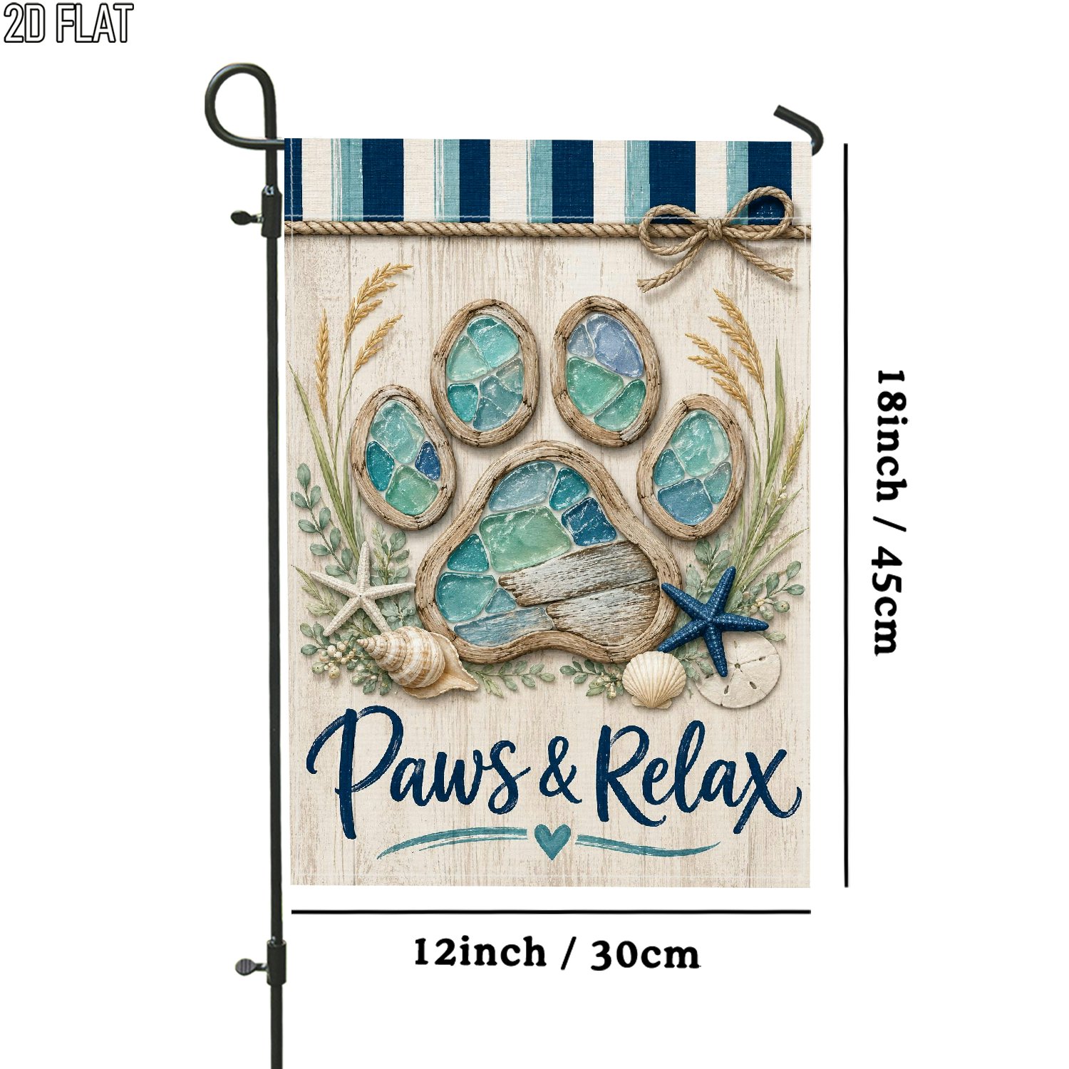 TEMU 2d Flat - 2d Flat - 2d Flat 1pc Outdoor Garden Flag Coastal Paw Print Seashell Starfish Blue Green Beige Double-sided Flag Porch Decoration For