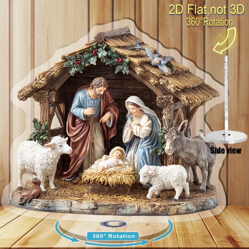 TEMU Statua Presepe Piatto 2D in Acrilico Girevole a 360簞 - Presepe Girevole con Maria, e Animali - Centrotavola Natalizio, Decorazione da Tavolo per
