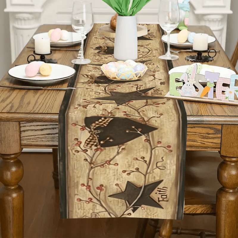 TEMU 1pc Style Linen Table Runner - Black Pattern, Decorative Rectangular Tablecloth For Dinner, Wedding, Home Decor, Table Decoration