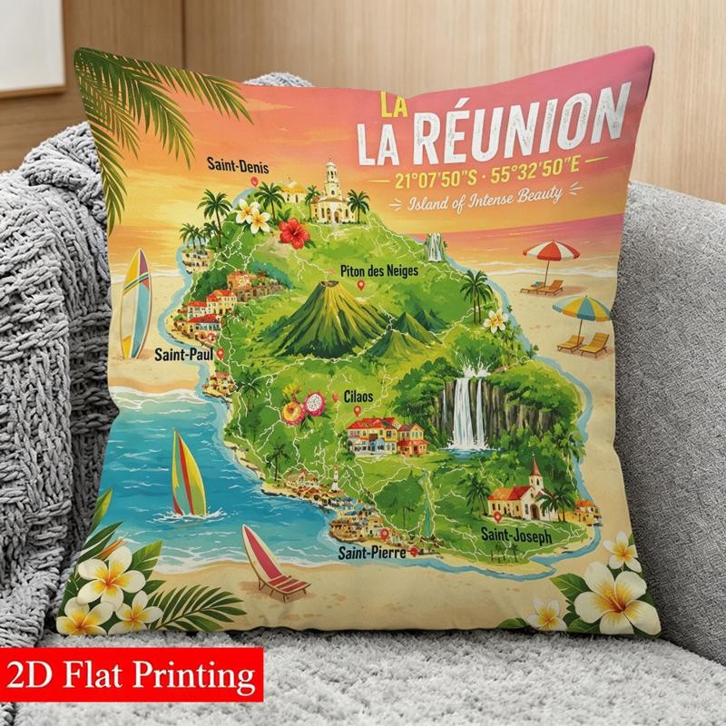 TEMU Housse de coussin décorative, 45*, impression 2D avec carte de La et tropicaux, style moderne, convient pour salon, chambre, canapé, décoration