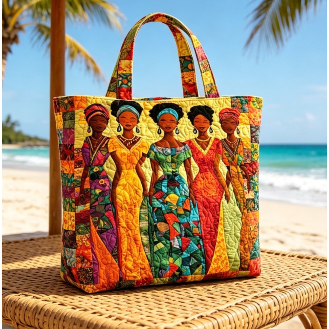 TEMU Women's Bohemian African Quilted Tote Bag - Multicolor Ethnic Print Handbag With Wrist Strap, Lightweight Suitable For Books, Casual Shopping,