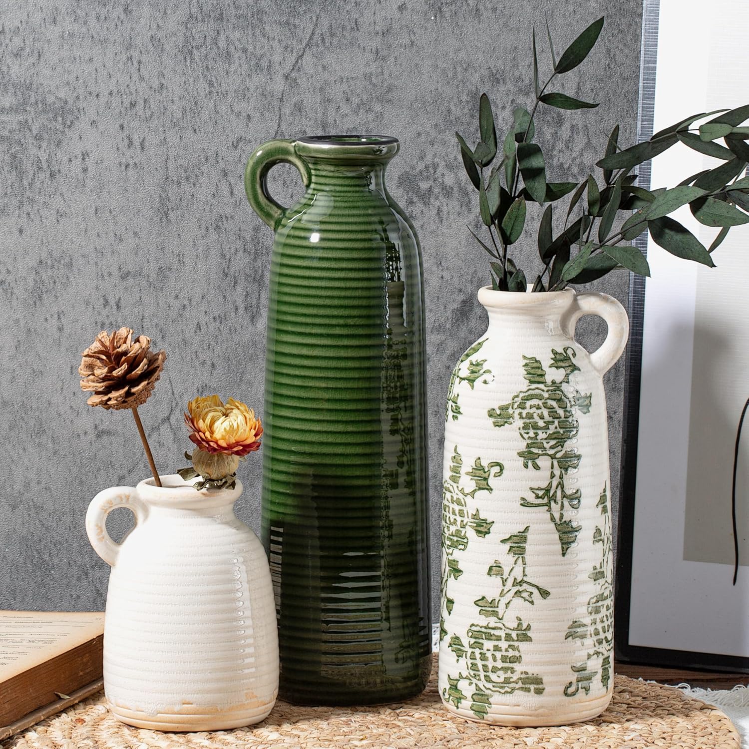 3pcs Ceramic Vase Set With Handles - Bohemian Suitable For Rustic Decor, Neutral Cylindrical Table Centerpiece Or Mantel Shelf Decoration, Multi-vase For Or Artificial Flowers, Gift