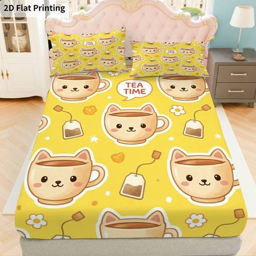 item picture 3pcs style daisy fitted sheet three piece set 1 x fitted sheet and 2 x pillowcases spring theme tea mug bedding mattress protector soft breathable