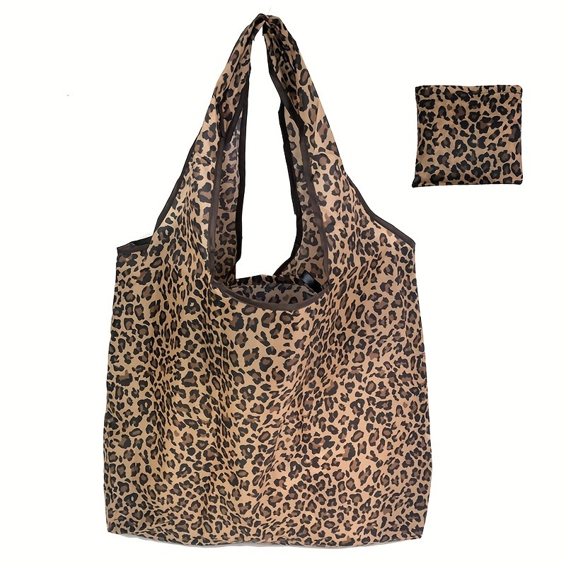 Bolso Tote de Gran Capacidad con Estampado de Leopardo para Mujer - Espacioso, Resistente Bolso de Compras de Poliéster en Marrón, Diseño Plegable Adecuado para Uso Diario, Año Nuevo, Viajes, Asas Resistentes, Accesorio de Moda, Perfecto para Compras de San Valentín