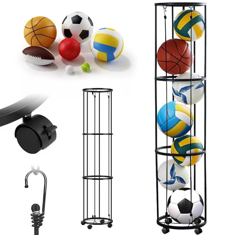 Image of 1pc Heavy-duty Mobile 3-tier Ball Stand With Removable Ball Holder & 4-wheel Rolling Storage Rack - Wall/mountable Sports Equipment For Volleyball, Football, Basketball (for, School)