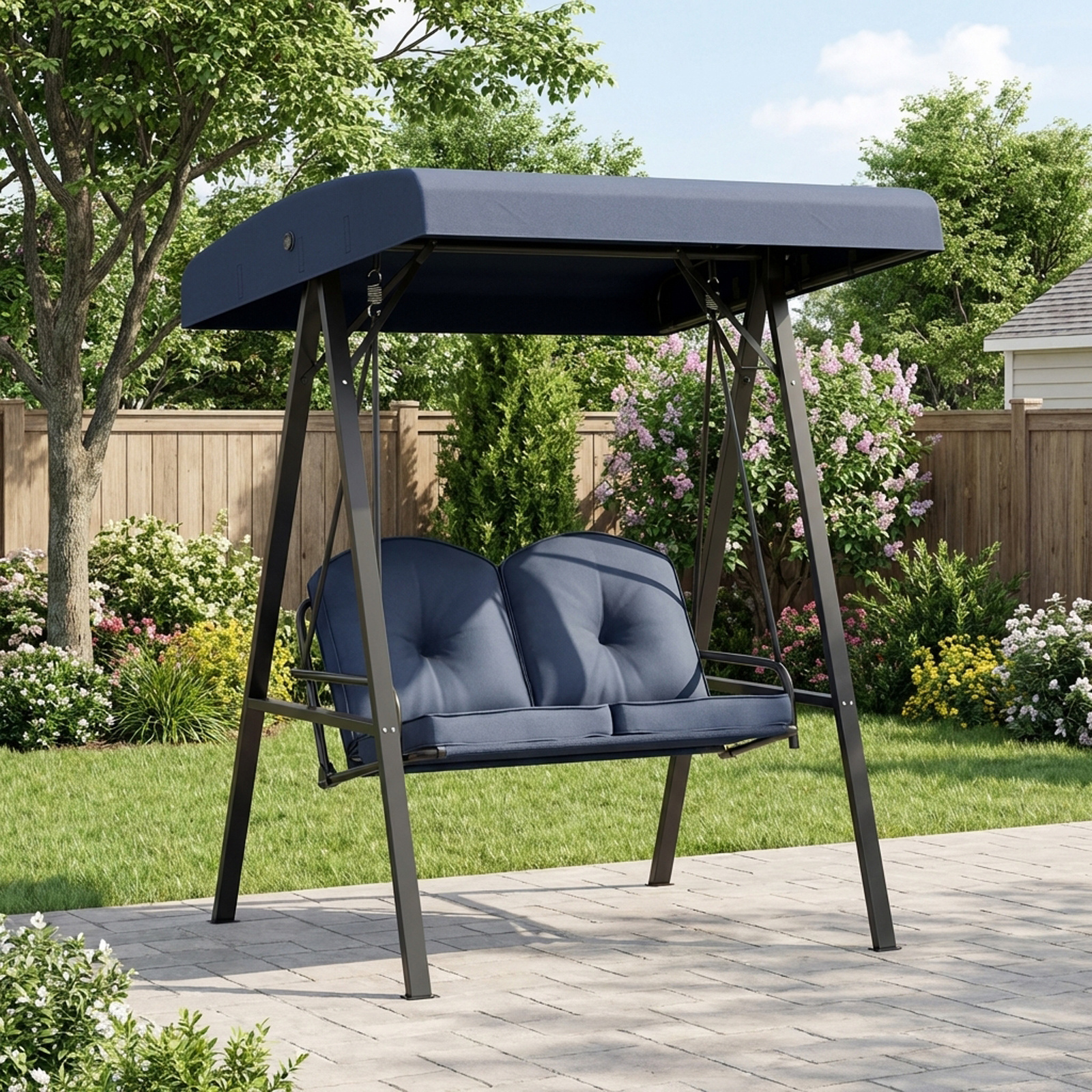 Outdoor 2-Person Porch Swing, Cushioned Loveseat Swing with Stand, Adjustable Canopy and Heavy-Duty Metal Frame for Porch, Backyard, Garden