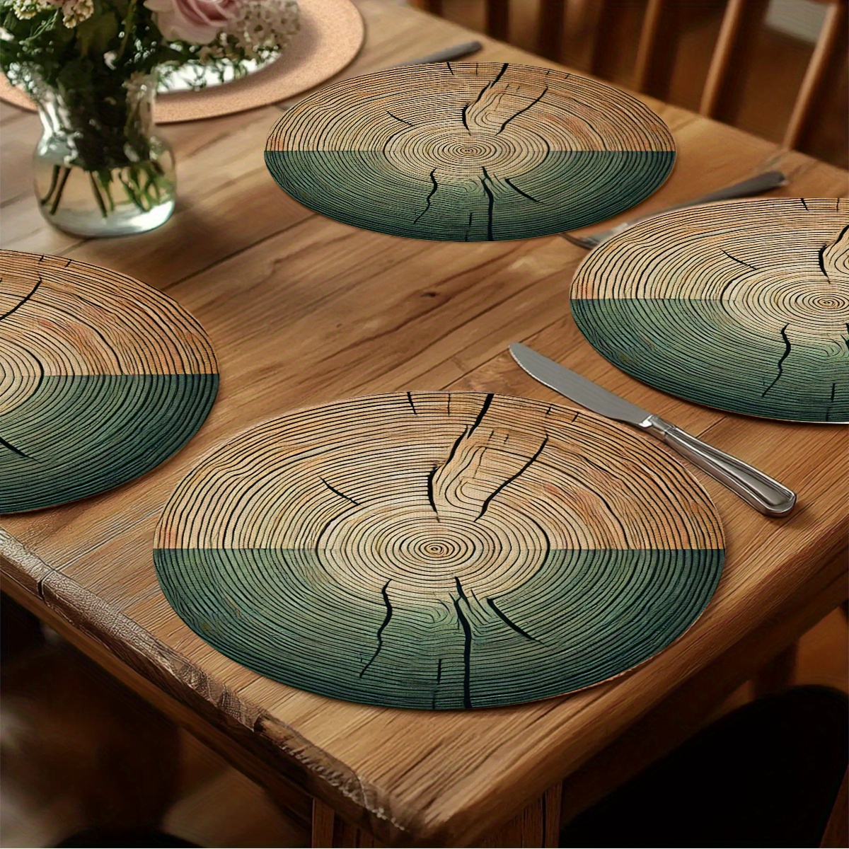 4pcs Placemat Set, Green Olive Round Pattern Circular Table Mats, Seasonal Holiday Decor Rustic Vintage Washable Round Table Pads
