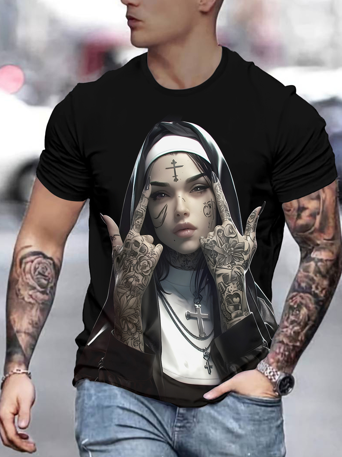   tattoo nun contrast   t shirt mens   gothic casual short sleeve top
