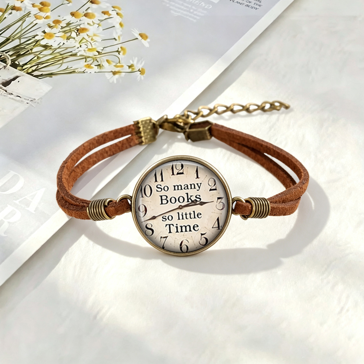 TEMU Bracciale da 1 pezzo con citazione in inglese "So Many Books, So Little Time", motivo orologio, vetro , cordoncino in velluto marrone, come