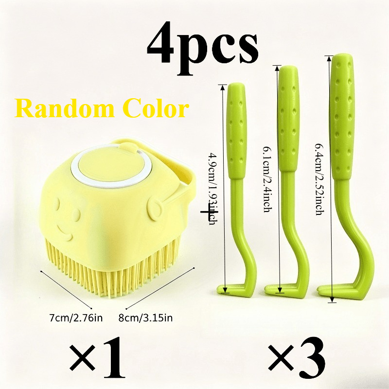 TEMU 4pcs Set: 1 Pet Shower Bath Brush + 3 Tick Removal Tools (colors Random). Suitable For Cats, Dogs, And Short/long Haired Animals. Features Soft
