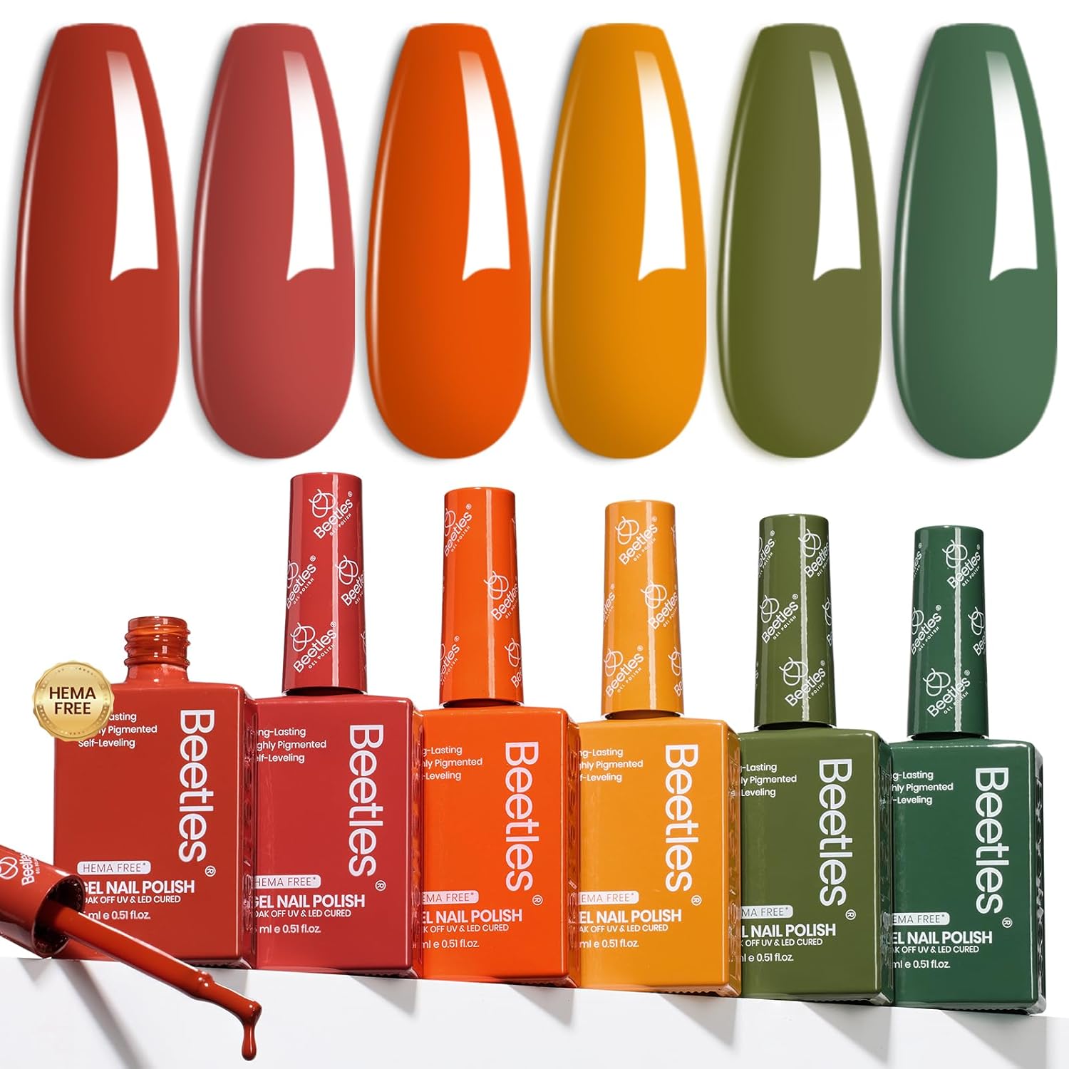TEMU Beetles Fall Gel Polish Set - 6pcs 15ml Full Size -free Gel Nail Polish Set, Burgundy Orange Dark Red Green Color Matching Bottles Soak Off Led