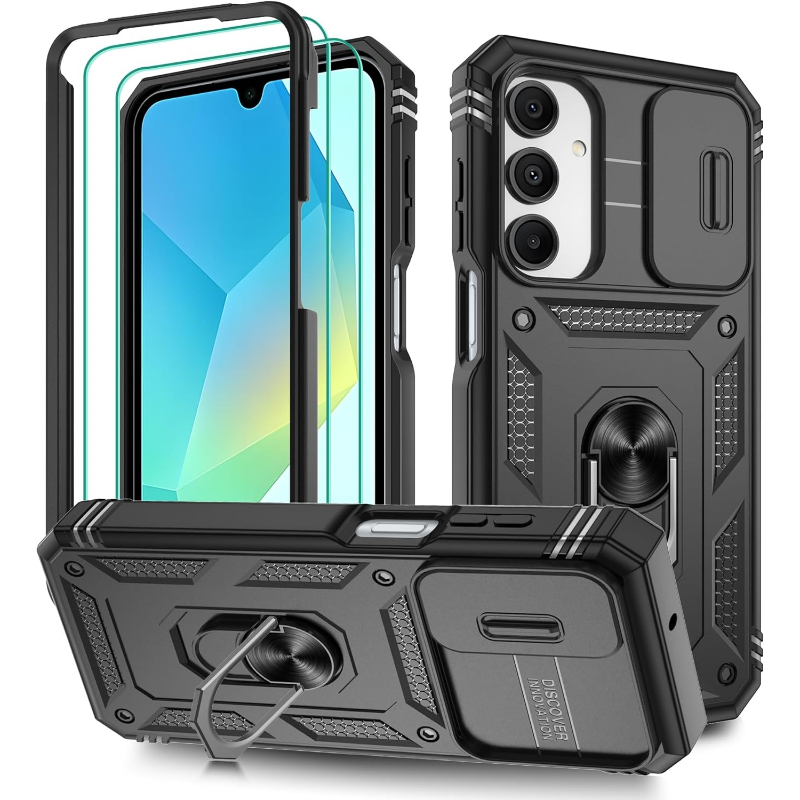 TEMU Étui Téléphone : 3 pièces [1 Étui + 2 Protections d'Écran Transparentes] avec Cadre , Anneau Support & Couverture Caméra, Protection Antichoc