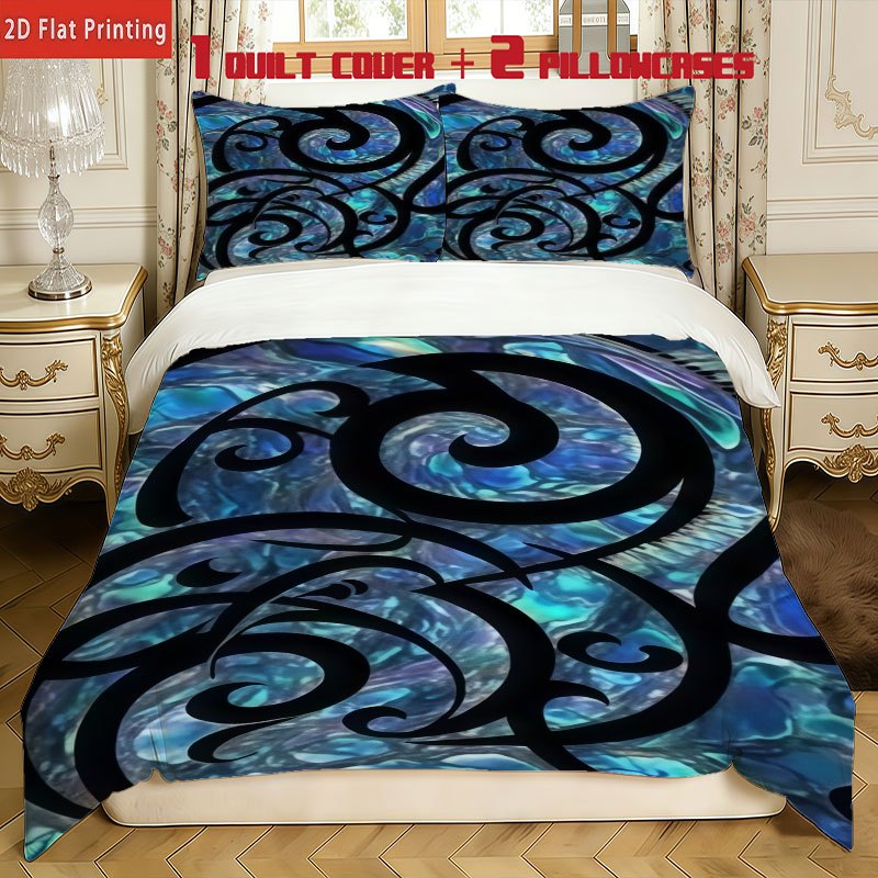 TEMU 3pcs New Zealand Maori Abalone Tattoo Design Bedding - Koru Pattern Print, Includes 1 Duvet Cover + 2 Pillowcases (filling Not Included). Soft,