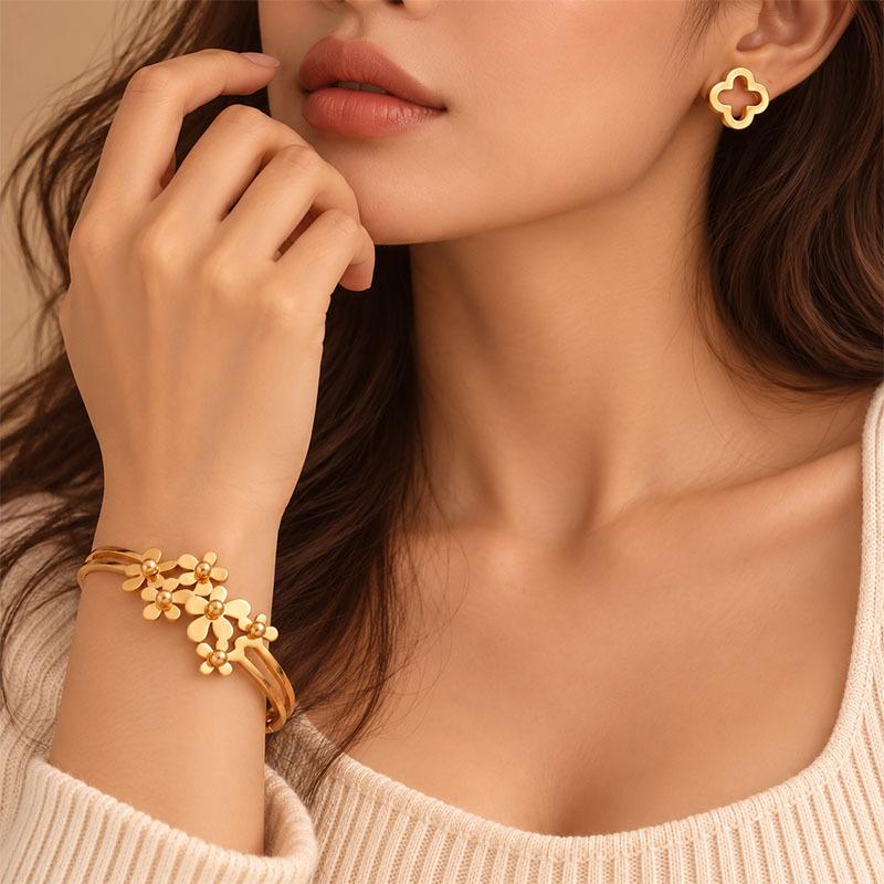 3pc Unisex 18K Golden Plated Bracelet and Ear Jewelry Set, Workplace Style