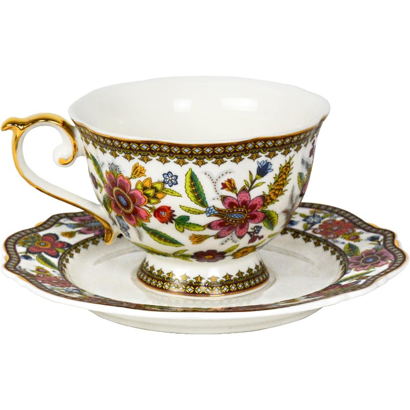  vintage floral bone china tea cup and saucer set for 1 - elegant 6.8oz tea service with  , pink/red/blue/green/white/black/golden floral patterns, durable & lightweight, gift box included - ideal for  , weddings, housewarming -   set with embossed flowers design, high-temperature   for long- ,   coffee or tea,   matching saucer and spoon, teacup, cups for tea Product details 0