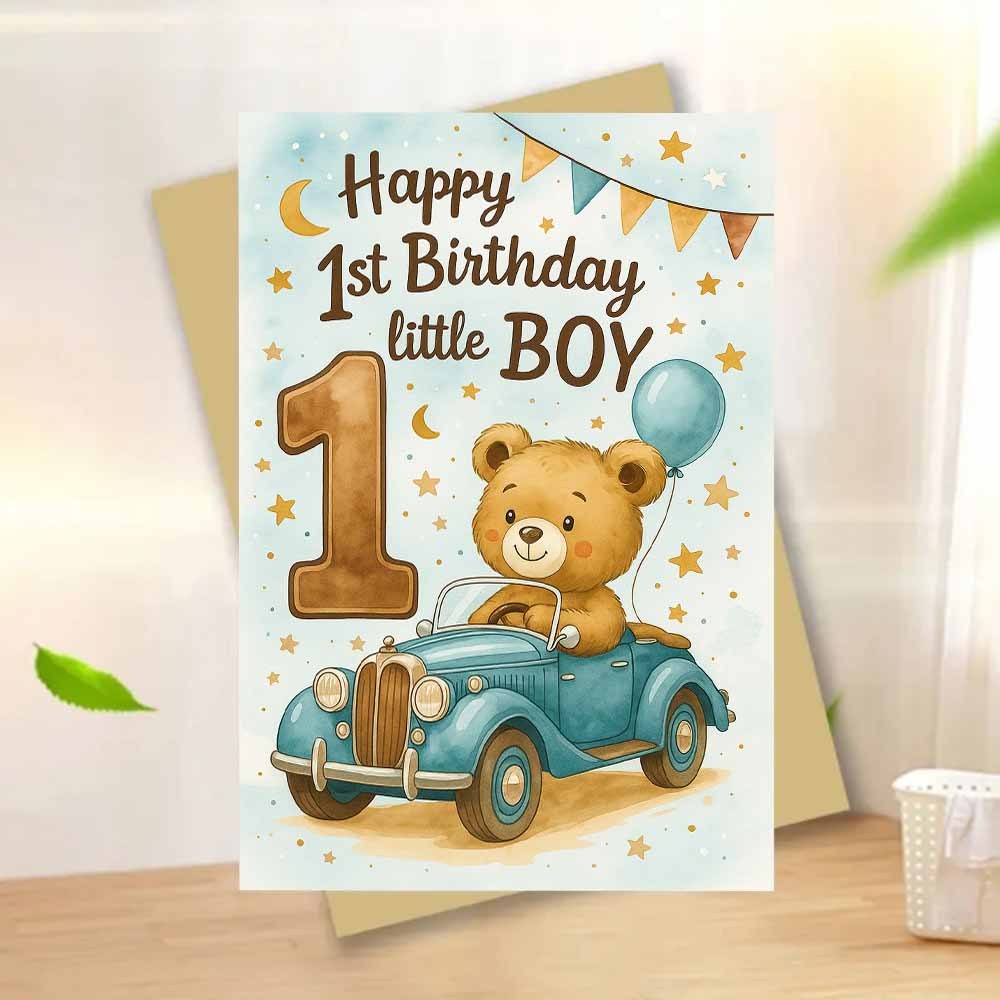 E-shop Eine bezaubernde Karte mit einem Teddybären in einem blauen Auto zum ersten Geburtstag. Diese Grußkarte wird mit einem Umschlag geliefert und