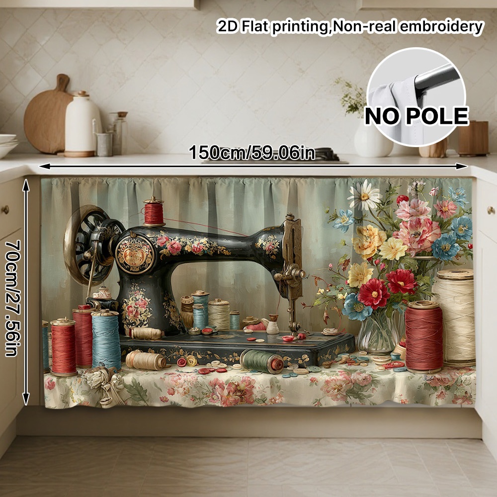 TEMU 2d Flat - (2d Flat) 1pc Vintage Sewing And Flowers Curtain And Cabinet Decor - Polyester Material For Easy To Clean, Rod For , Suitable For