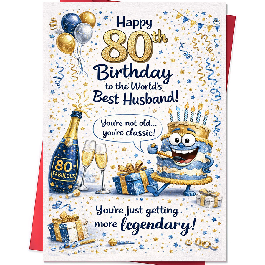 TEMU 1pc 80th Birthday Card For - Greeting Card Suitable For Husband' 80th Birthday Celebration With Balloons, Champagne & Cake Design - Paper Card