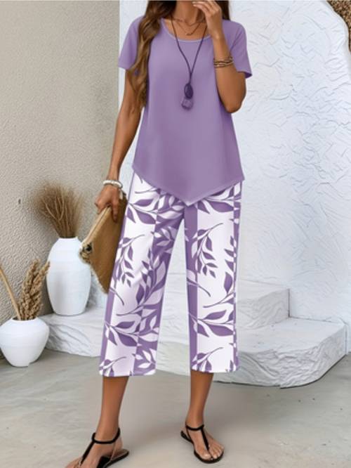 item picture spring and summer womens casual 2pcs set light blue short sleeved crew neck and printing wide legs loose and comfortable daily street commuting versatile casual suit casual loungewear suit