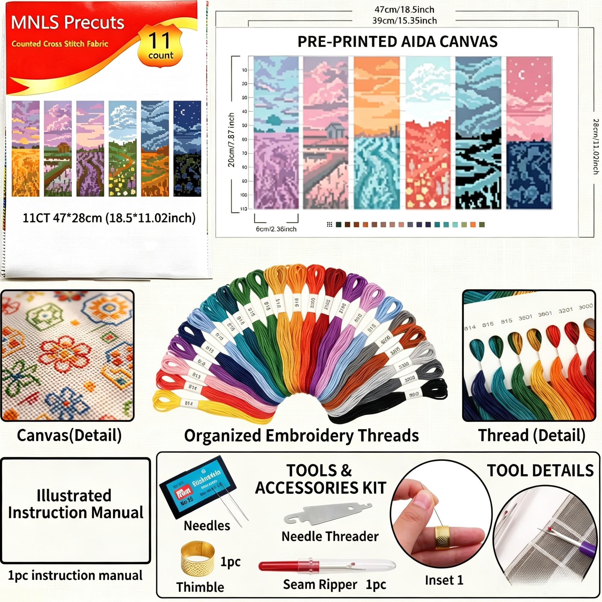 TEMU Cross Stitch Bookmark Kit: 6pcs Patterns Countryside Scenery Sunset Wheat Field, Random Tools, , Suitable For Beginners, Includes Cross Stitch