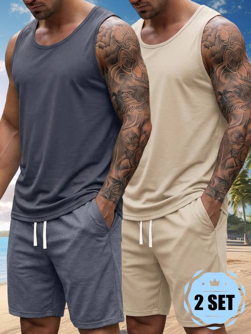 4-teiliges set - herren sommer sportliches freizeitoutfit, 2 stück rundhals ärmellose westen und 2 stück freizeitshorts, hautfreundlich weich strapazierfähig, lockere shorts mit kordelzug in der taille und seitentaschen, atmungsaktiv leicht schnell trocknend