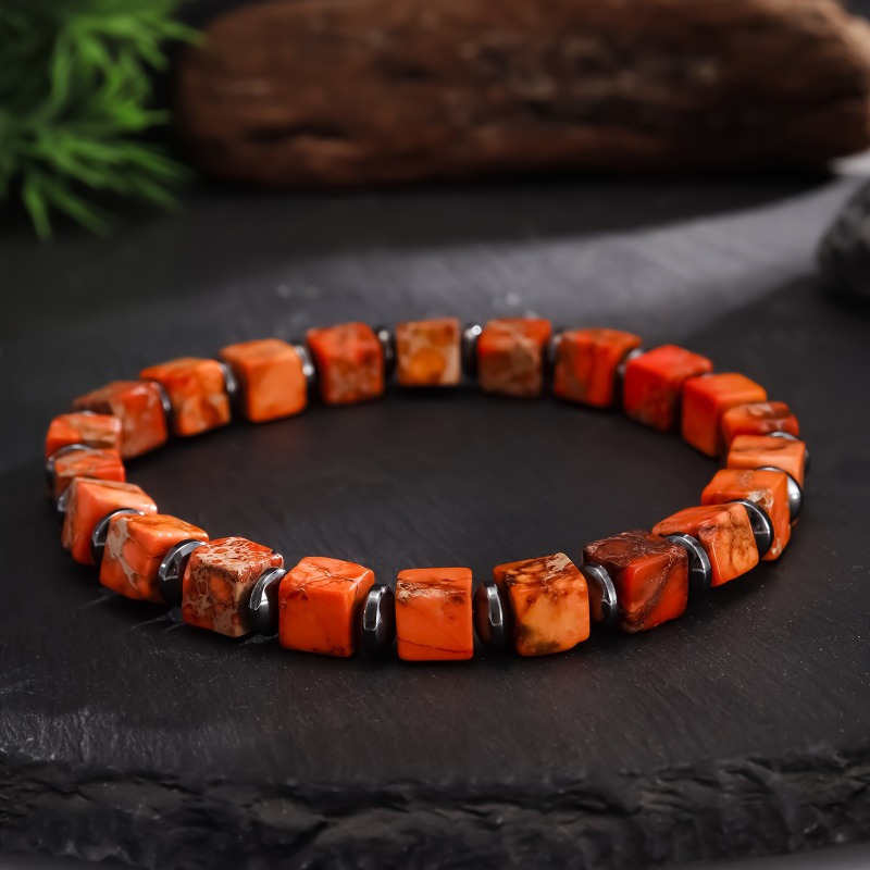 Orange Natural Stone Cube Bead Elastic Bracelet, A Stylish Piece Of Jewelry For Women, Perfect Gift For