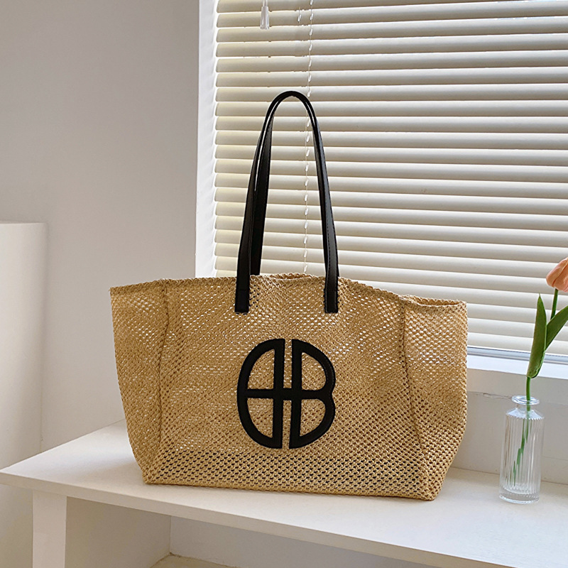 TEMU Vintage Straw Tote Bag / -trimmed Tote Bag With A French Lazy Style In Light Brown Straw Color   Durable Breathable Material   Wide Handles  