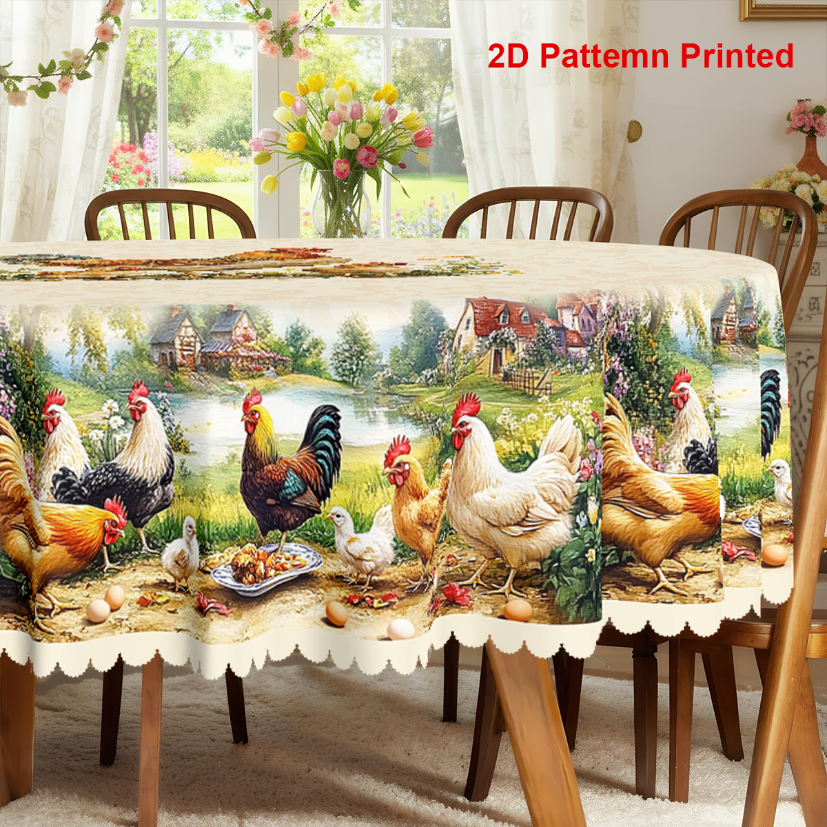 TEMU 1pc, Rooster Themed Party Tablecloth, Spring Summer Vintage Chick Floral Country Style Printed Design, Rectangular/round/oval Table Cloth,