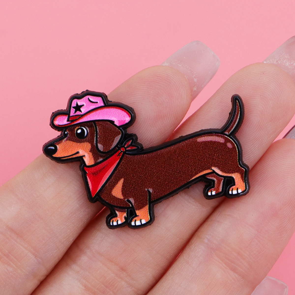 Pink Cowboy Hat Dachshund Pin with Silicone Back Buckle