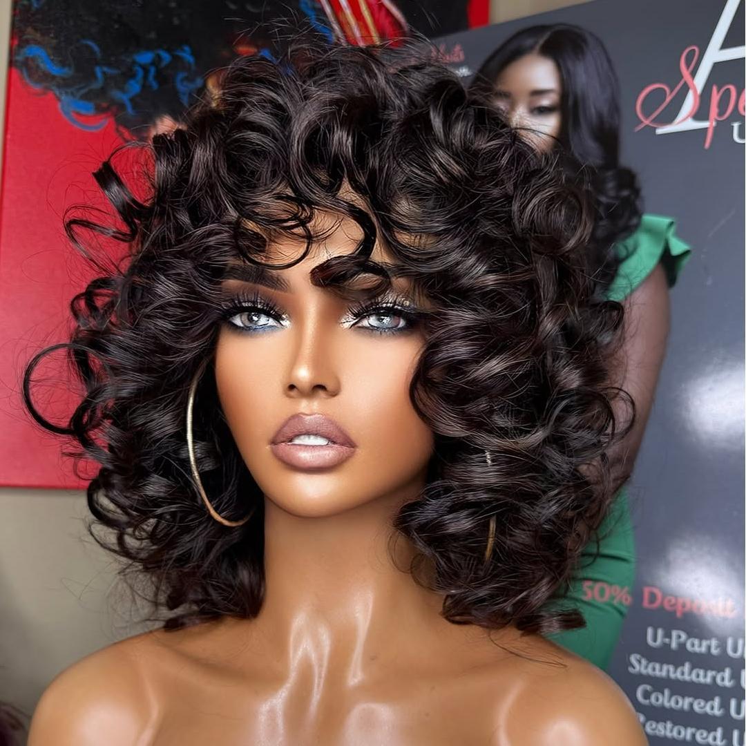 Elegant Curly Bob Wig for Women - 180% Density, Real Human Hair, Loose Bouncy Style with Bangs, Full Machine Made Rose Net Wig, Natural Look & Comfortable Fit, Everyday Curly Wig | Natural Look Wig | Real Human Hair Wig, Human Hair Wigs