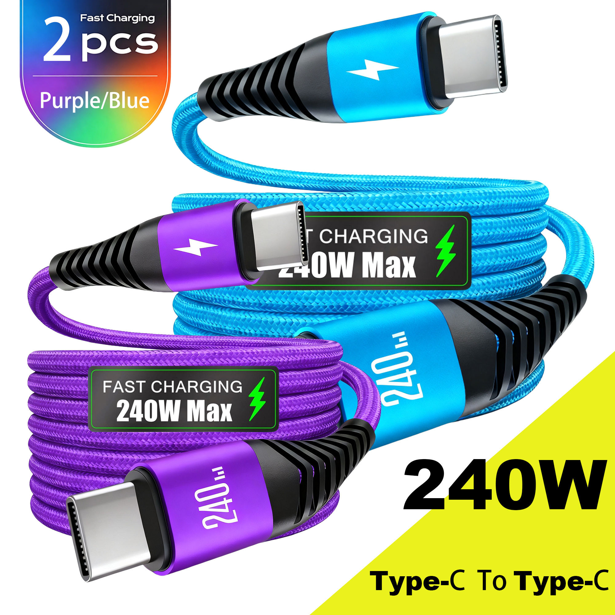 TEMU Lot de 2 câbles de charge rapide 240W de type C, câble USB C vers USB C, tressé en nylon, durable et -nœuds, pour iPhone 17 16 Pro Max, pour for