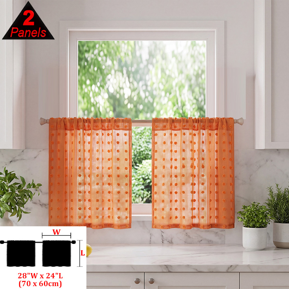 TEMU 2pcs Set, Polka Dot Pompom Jacquard Curtain, Orange, A Pair Of Small Curtain Rod Pocket Tops, Easy To Hang, Quality Polyester Fabric, Soft And