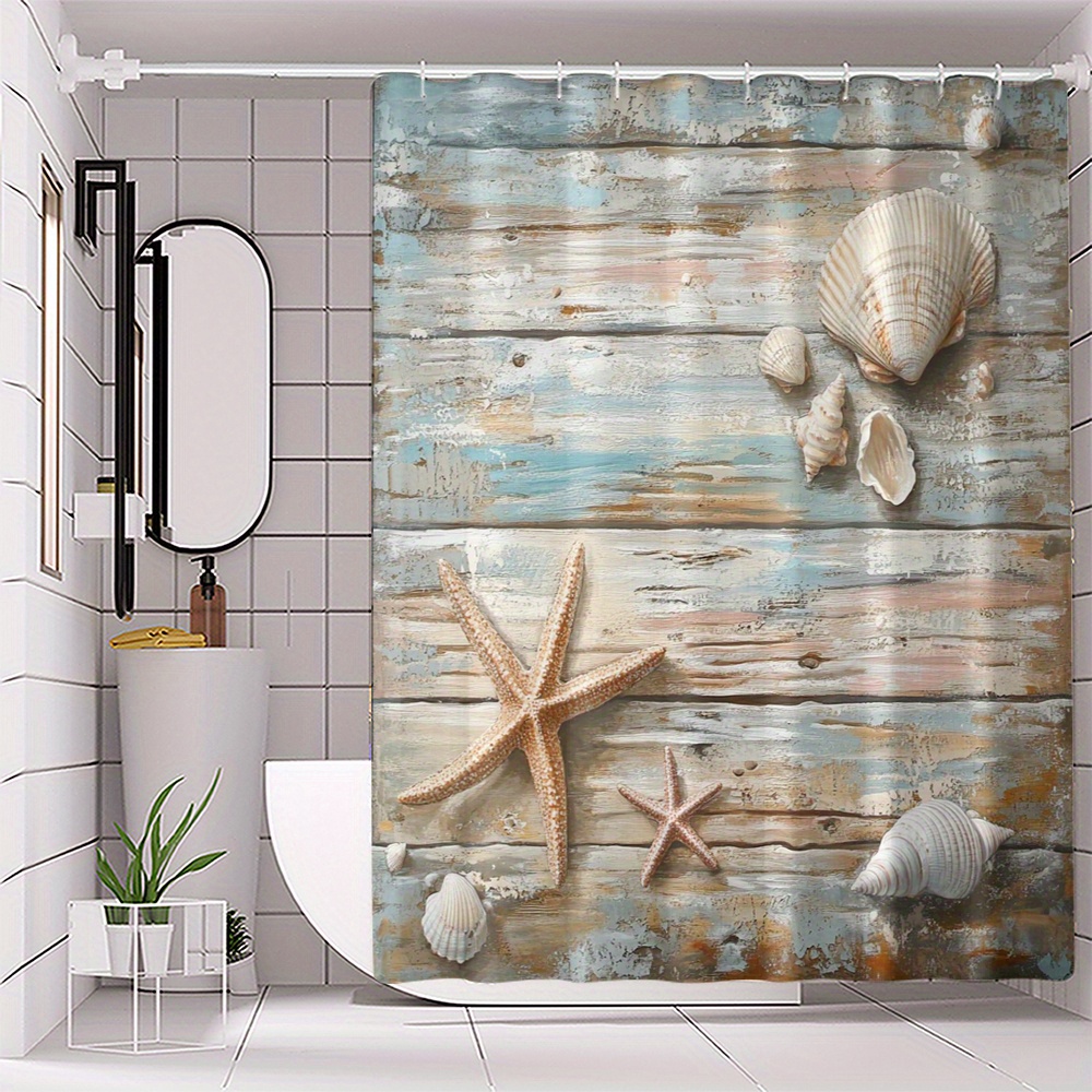 

Starfish & Shell Print Waterproof Shower Curtain - , Machine Washable Polyester Bathroom Divider With Hooks