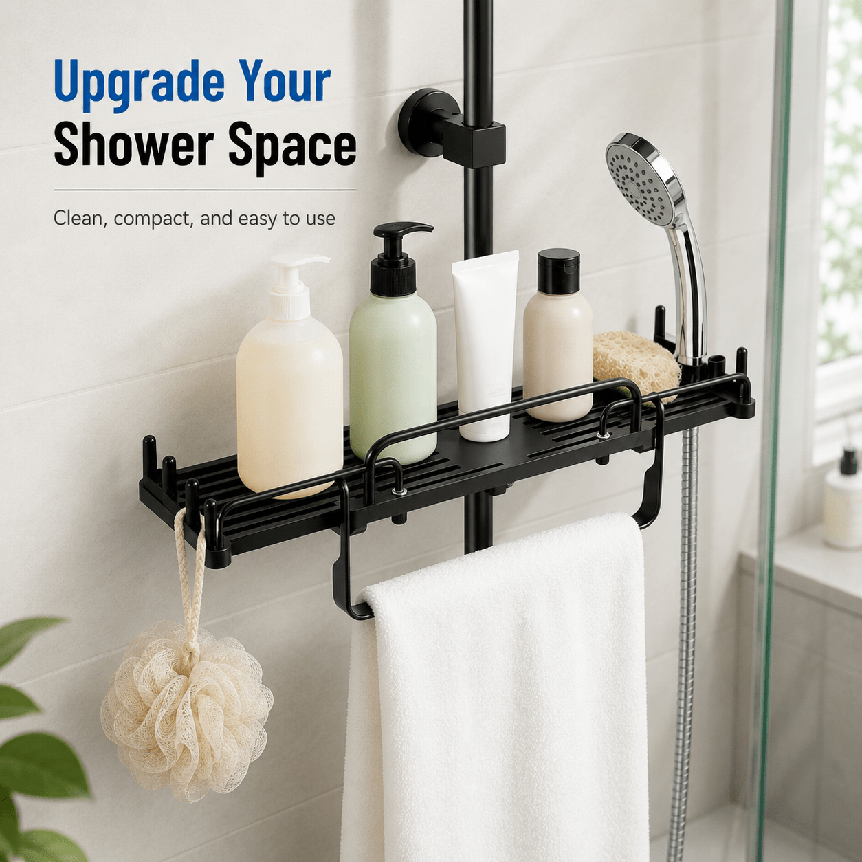No Drill Shower Shelf Telescopic 33-49.5 Cm, Hanging Bathroom Organizer Shower Shelf, No Drill Shower Shelf, Shower Rail Storage Shelf For 18mm-26mm Shower Rail