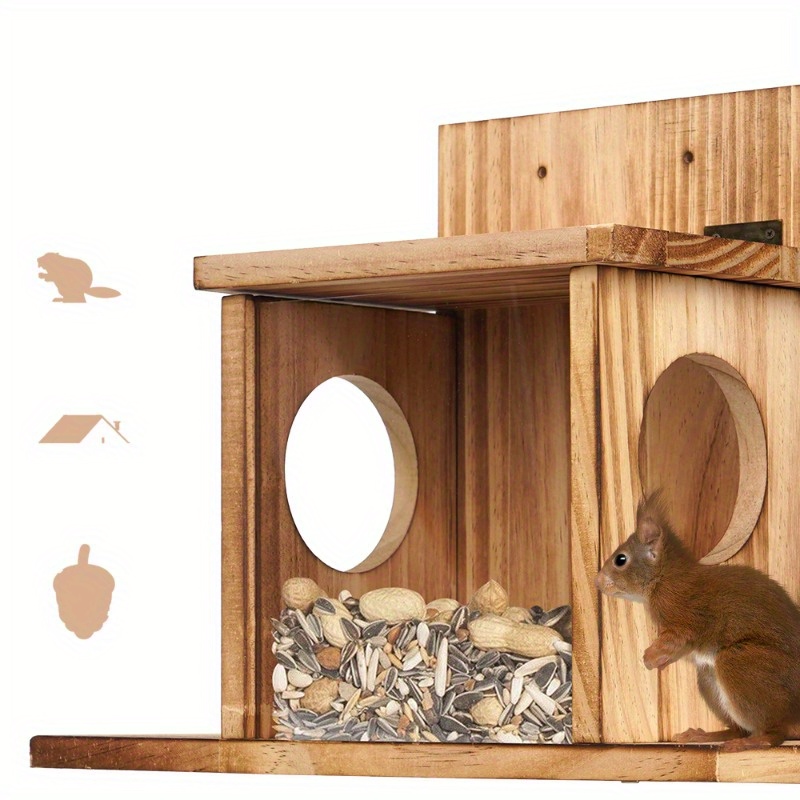 1pc A Sturdy Wooden Platform Designed For Feeding Squirrels Outdoors, Featuring A Wooden Structure With A Top Cover And 2 Side