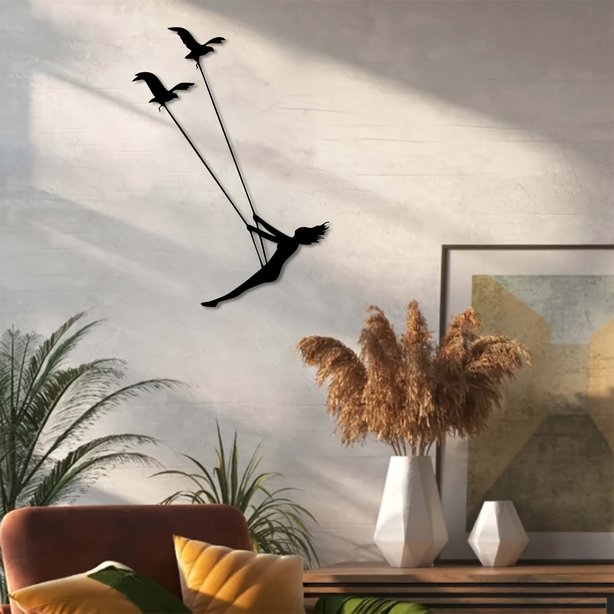 TEMU 1pz Grande Decorazione Murale in Metallo 16x11 Pollici con Silhouette di Uccelli - Elegante Donna nell'Amaca con Uccelli, Regalo Moderno e