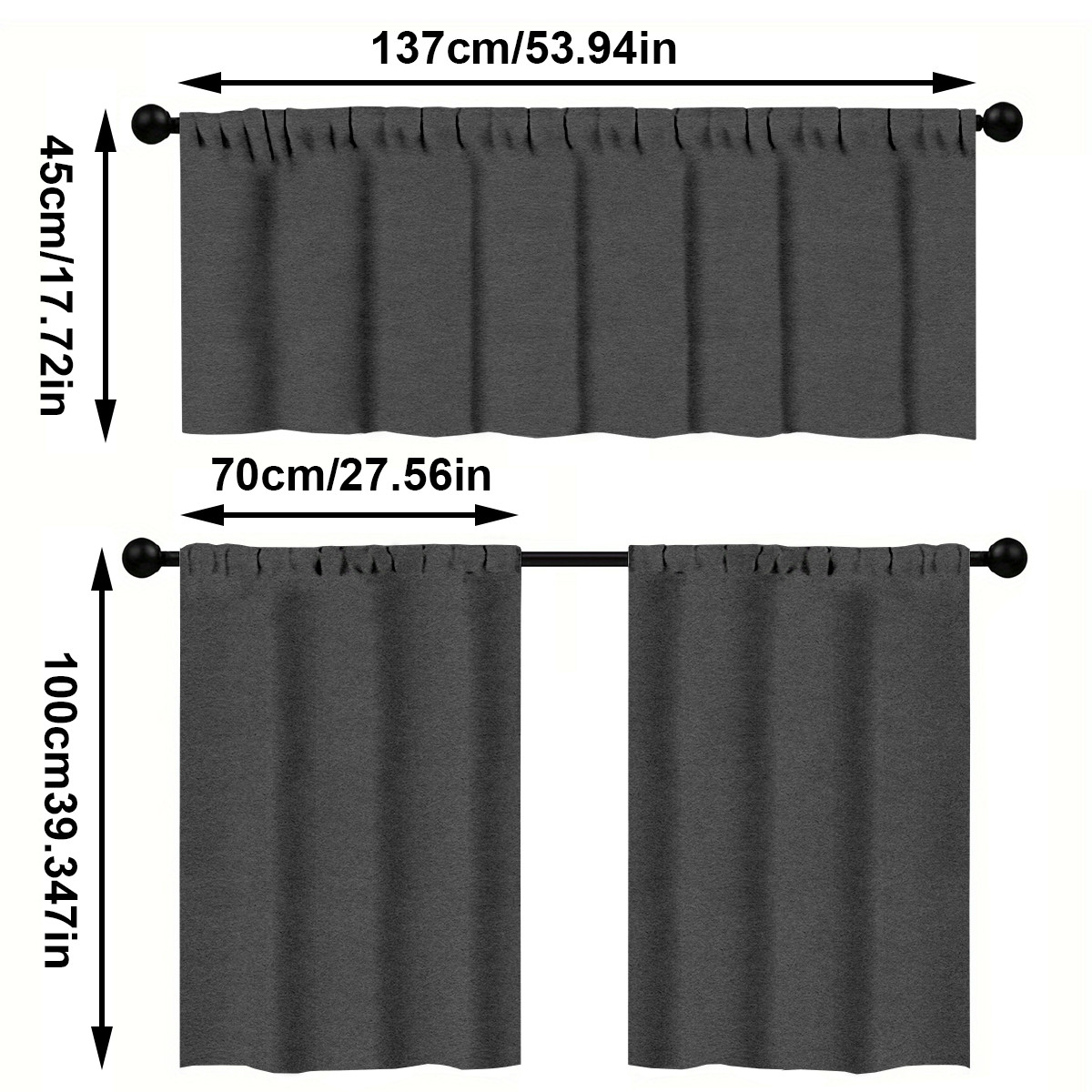 TEMU 3pcs/ Set Kitchen Curtain Sets, Simple Solid Curtain Set, Rod Pocket Valance Curtain Tier, 1 Valance/ 2 Cafe Curtains Tiers, Window For Kitchen
