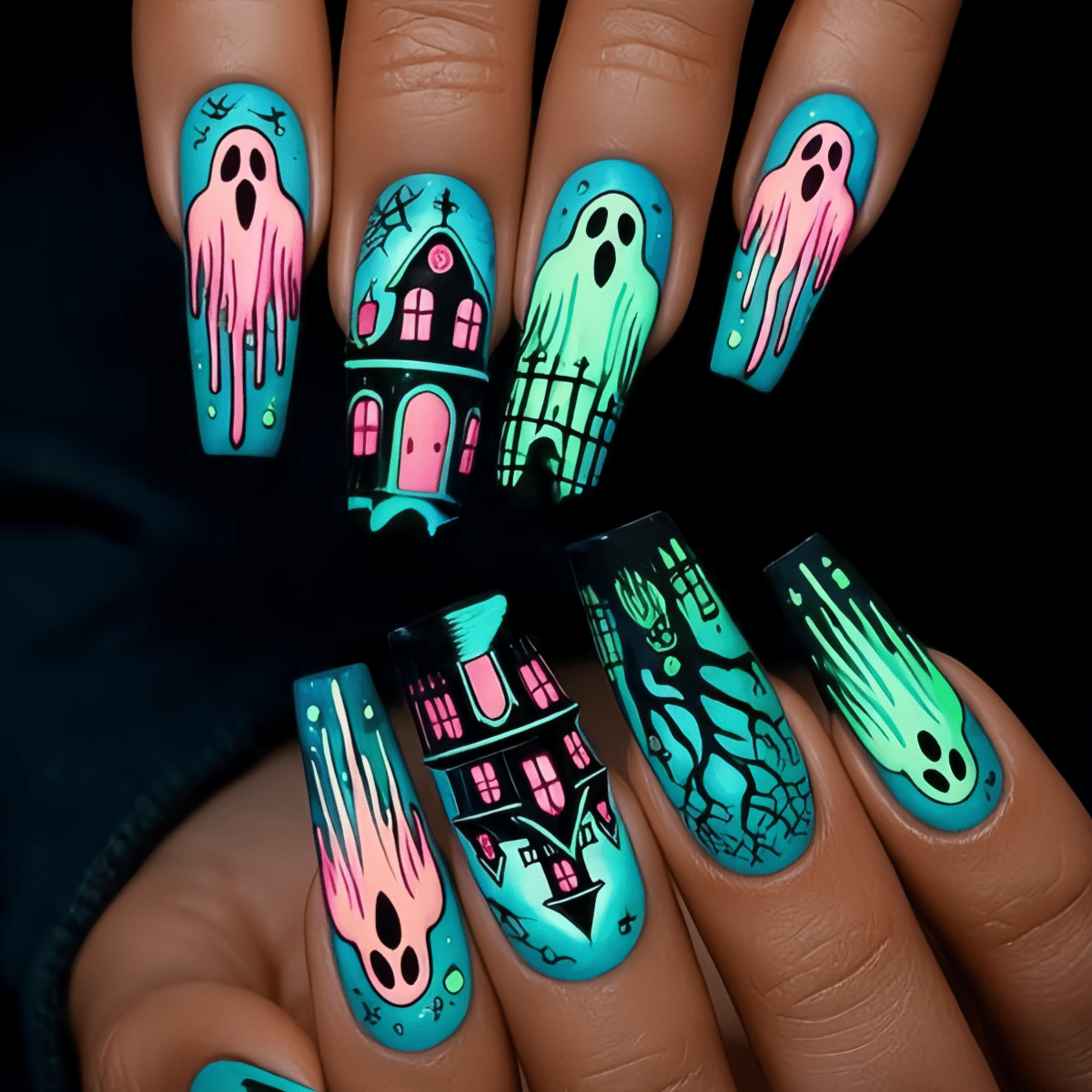TEMU 24pcs Dégradé Arbre Halloween Nail Art, Faux Ongles Détachables, Longs Ongles de Ballet, Nail Art pour Femmes