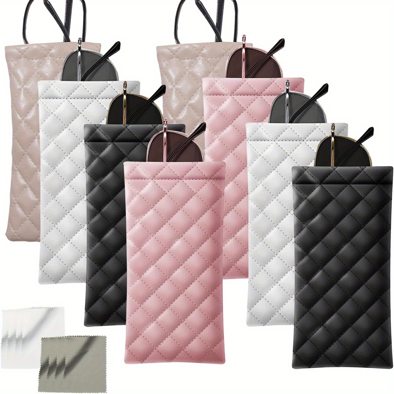 TEMU 8pcs Squeeze Top Case With Cleaning Cloths - Pu Soft Portable Cover, Suitable For Glasses & Makeup Storage, Hygienic Case For,, Daily Use, Ideal