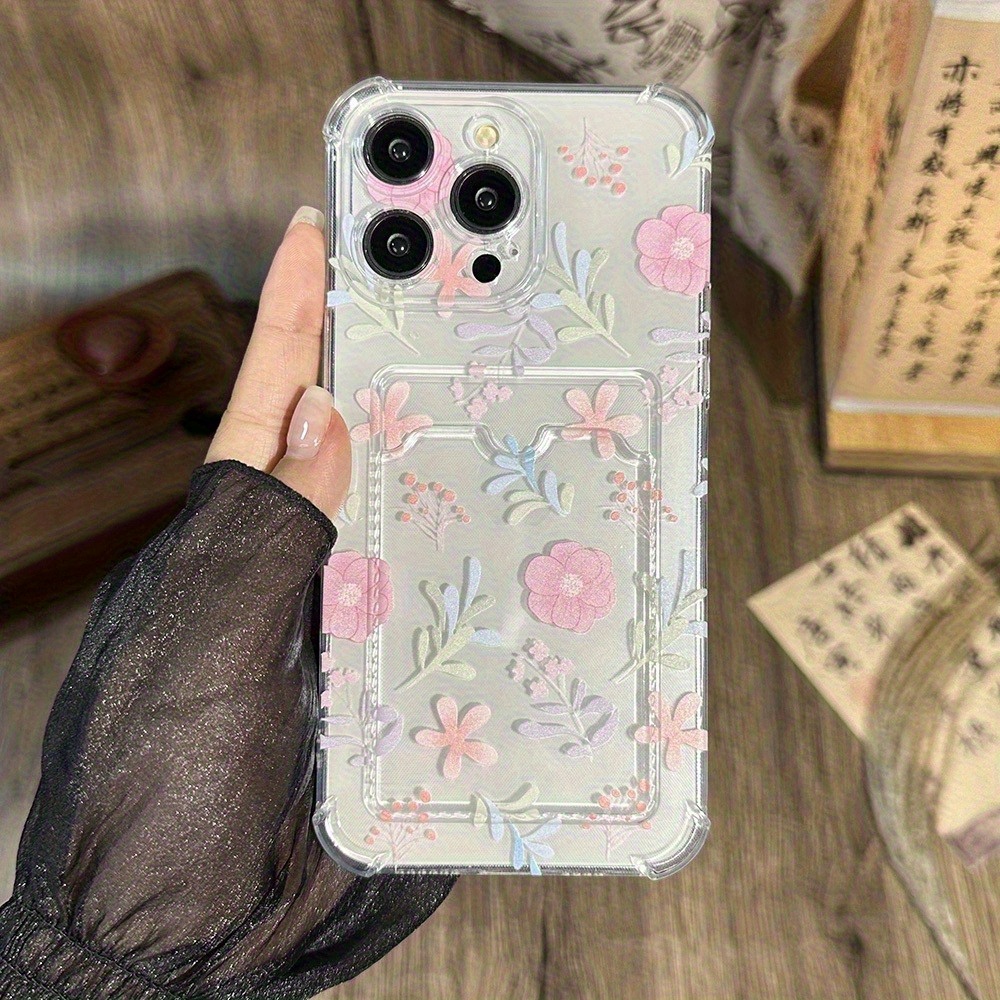 TEMU Phone Case: Fresh And Simple Pink Floral Transparent Tpu Phone Case With Card Slot, . Suitable For Iphone 16 15 14 13 12 11 Xs Xr X 8 7 Plus Pro
