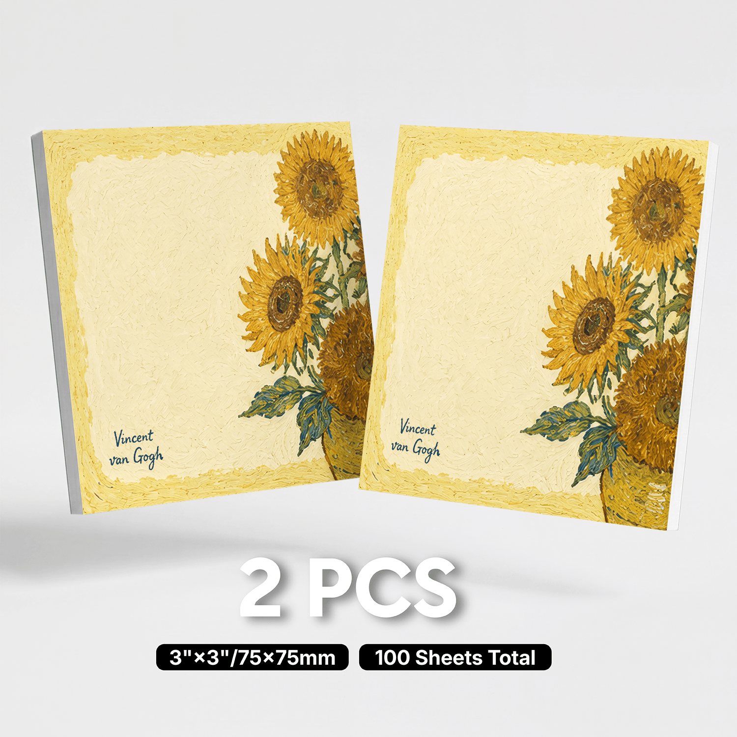 TEMU 2pcs 100 Sheets Total Van Gogh Inspired Sunflower Sticky Notes, Vintage Oil Painting Style Memo Pads, Floral Self-adhesive Reminder Notes For