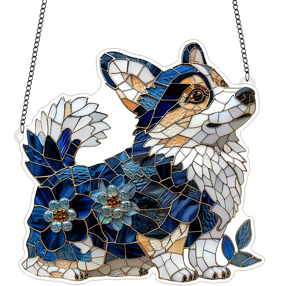 TEMU Attrape-soleil plat 2D en cristal, chien de chasse Corgi bleu et blanc, attrape-soleil de jardin à suspendre à (8 pouces x 8 pouces), décoration