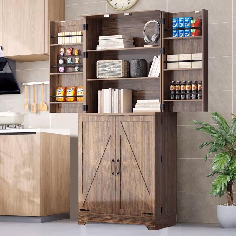 75" Freestanding Kitchen Pantry Storage Cabinet with 4 Barn Doors & Adjustable Shelves