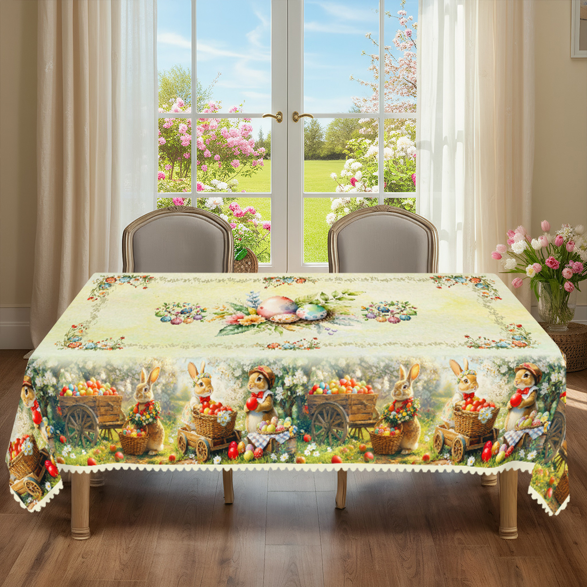 TEMU 1pc, Easter Themed Party Tablecloth, Spring Summer Rabbit Colored Eggs Daisy Printed Design, Rectangular/round/oval Table Cloth, Embossed Edges,