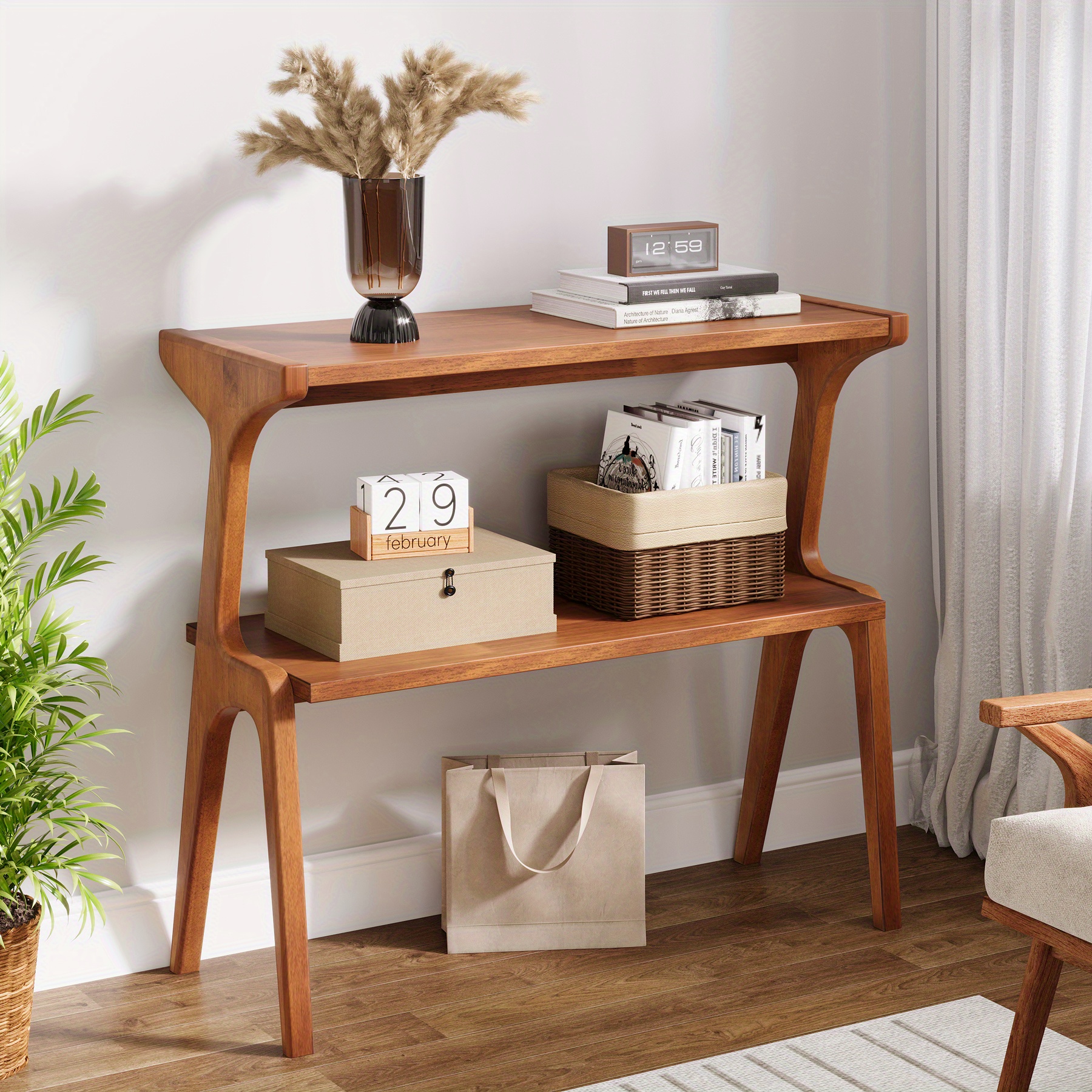 Solid Wood End Table with 2-Tier Storage Shelf